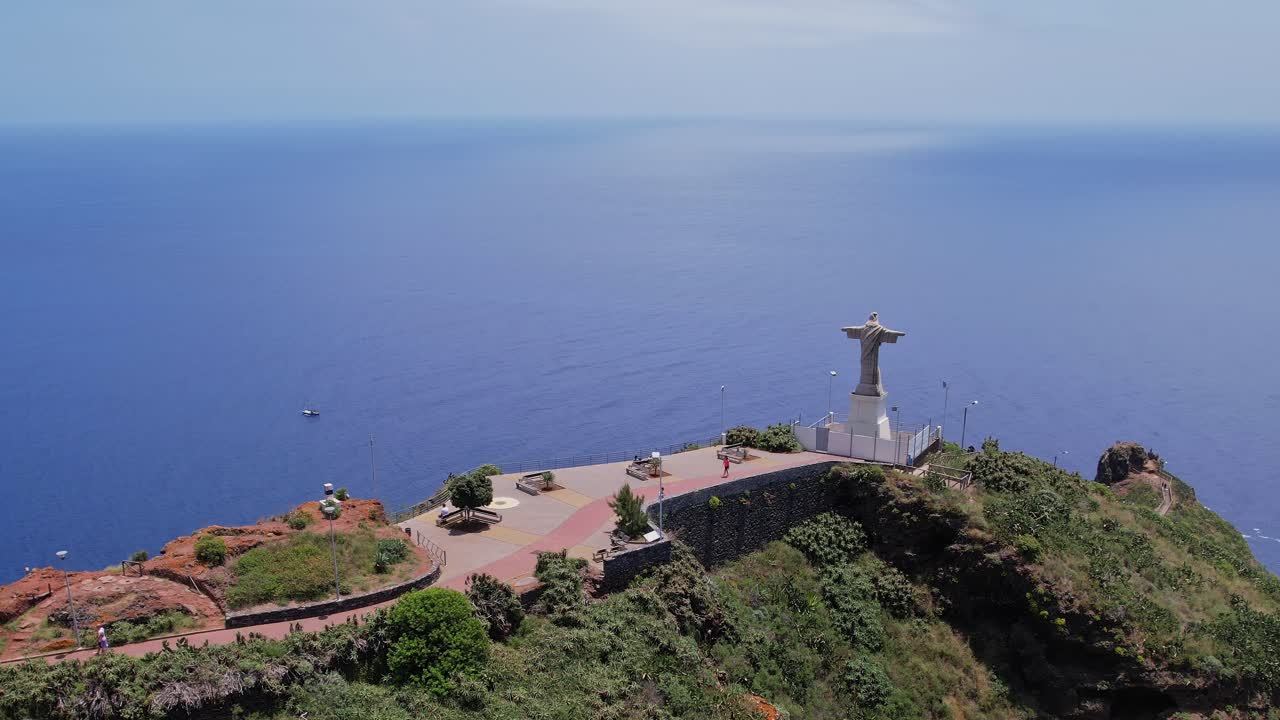 Stunning aerial view of Cristo Rei in Madeira Portugal by drone