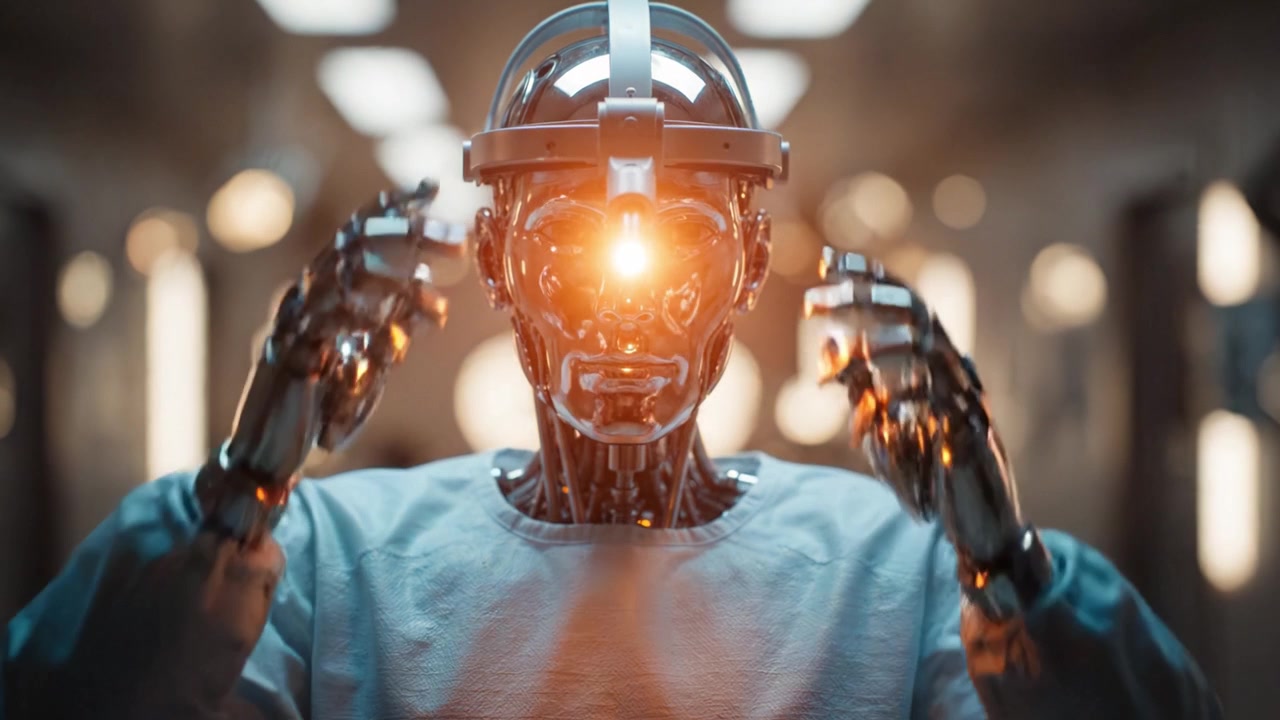 Futuristic Robot Preparing for Activation: A Glimpse into Advanced Technology and Medical Innovation with a Humanoid Android in a High-Tech Environment