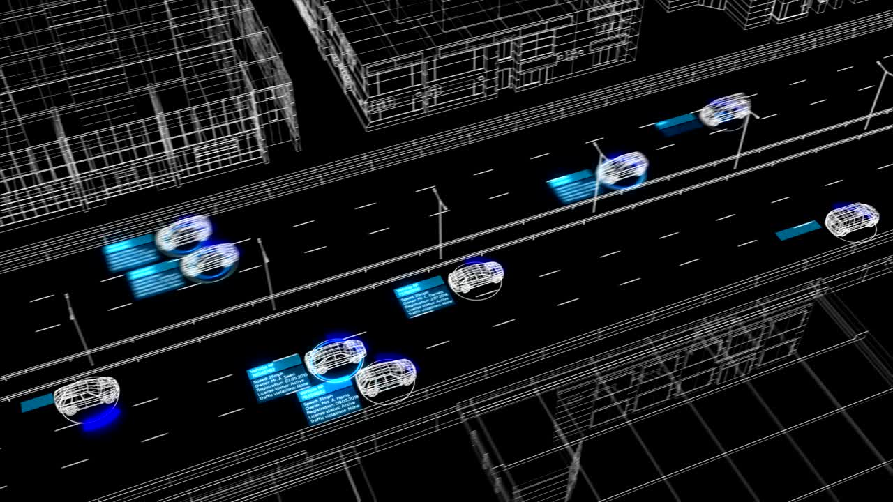 Identification Surveillance Abstract System Working Process Illustration on City Street Seamless. Looped 3d Animation of Control System Analyzing Cars and Drivers on Road