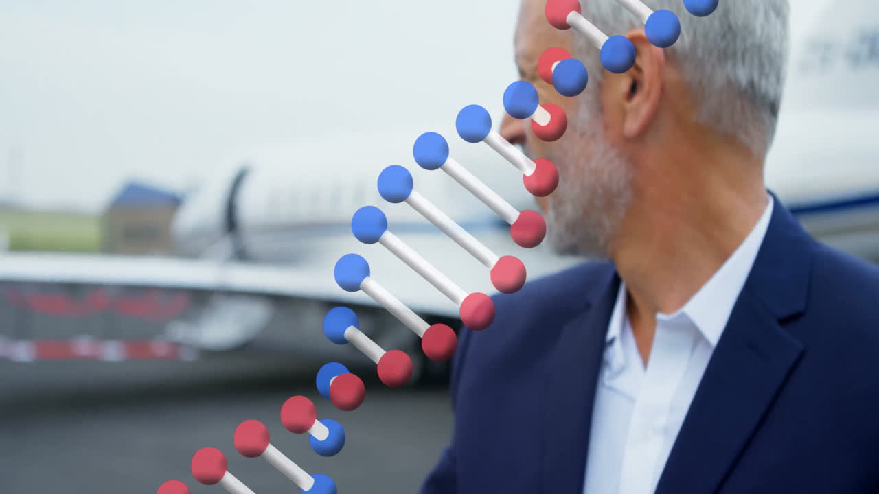 Near airplane, man in suit with animated DNA strand in background