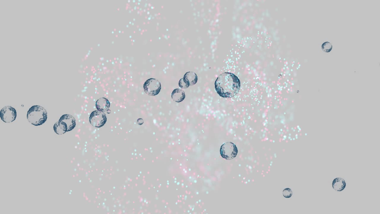 metallic spheres entering left edge intersecting rising pink cyan cloud, showing fluid interaction