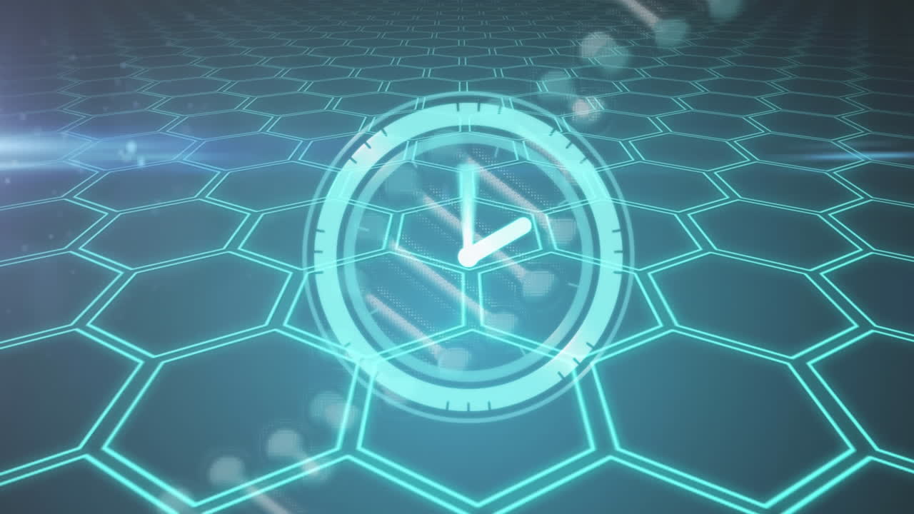 파란색 바탕에 있는 dna 가닥과 모양을 가로지르는 시계의 애니메이션