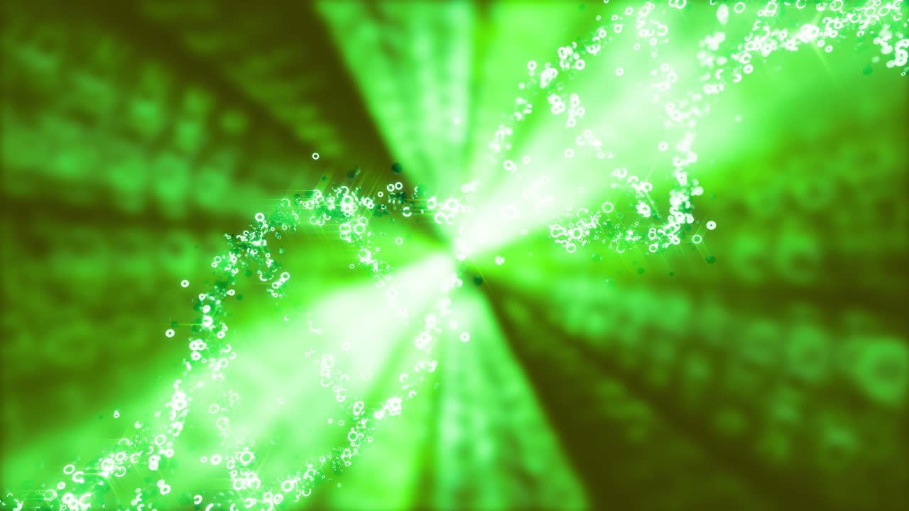 Green glowing color DNA floating from gene against dark background, 3d loop