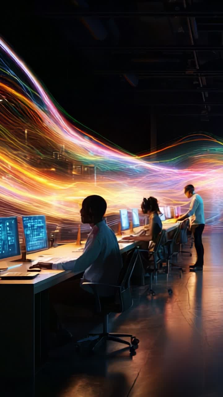 Dynamic workspace with professionals engaged at computers, surrounded by vibrant light trails, illustrating creativity and technology in a modern environment