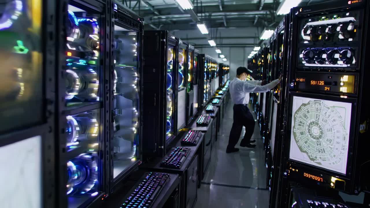 técnico de granja de servidores trabajando en un rack de servidores de red que muestra una interfaz digital futurista con diseño de circuitos integrados y microchips