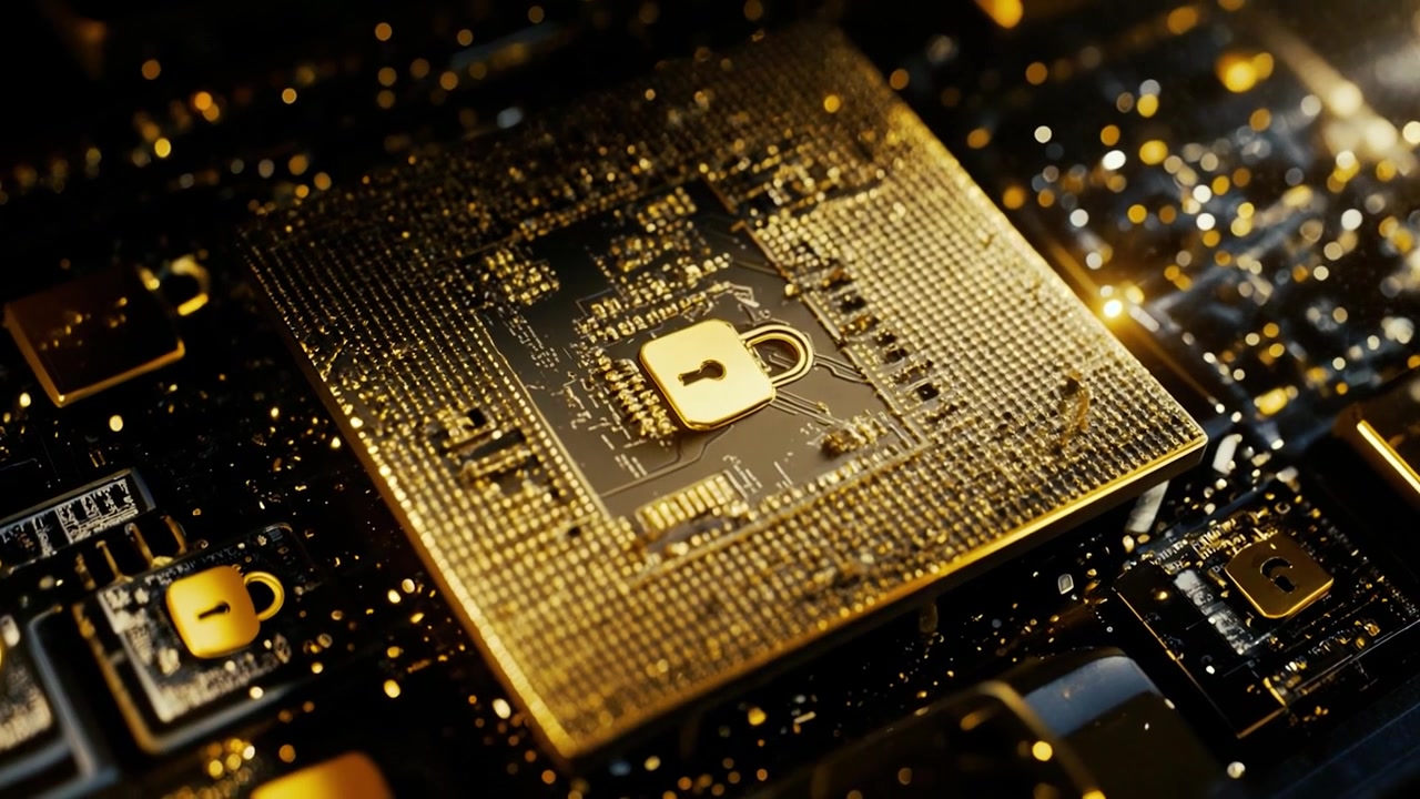 Golden Computer Processor Chip with Security Lock Symbol