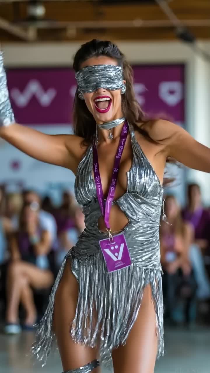 Donna entusiasta con un outfit con frange argentate e una benda futuristica in posa a una festa tecnologica