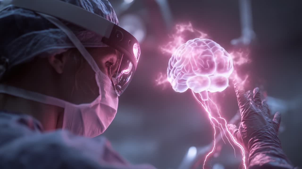 A Futuristic Medical Procedure Showcasing a Surgeon's Interaction with an Electrified Brain Visualization, Exploring the Frontiers of Neuroscience and Innovation