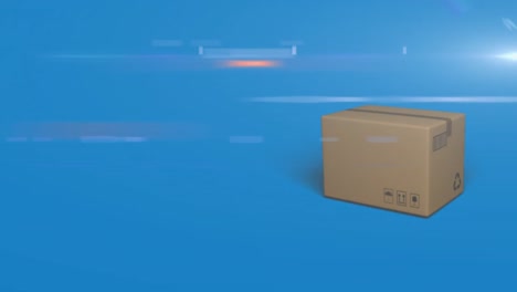 Animation-of-cardboard-box-falling-on-a-floor-with-glowing-light-trails-on-blue-background