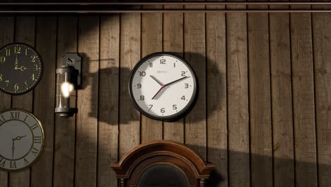 3d animation of a typical modern clock on a wooden wall with dramatic lighting