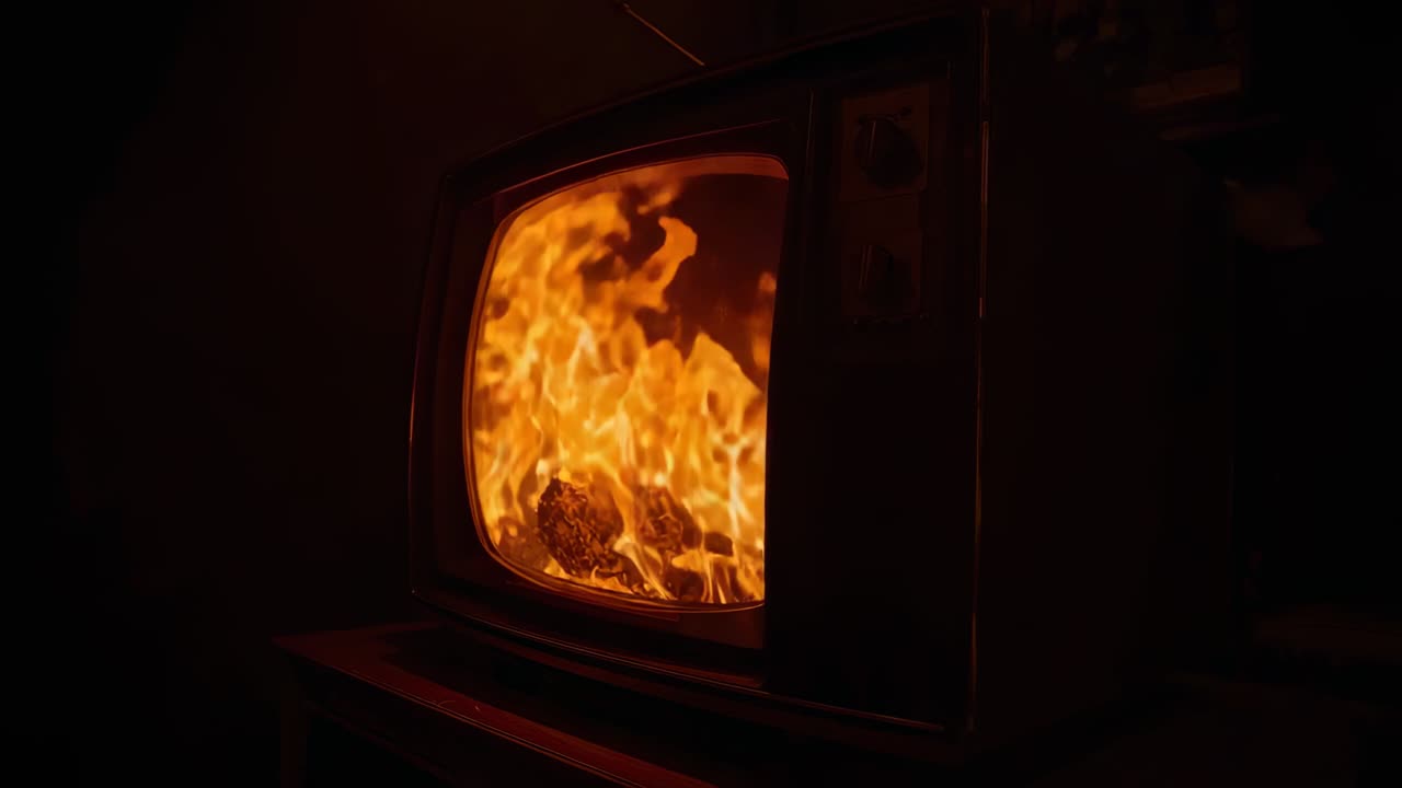 Loş bir odada ekranda alevlerin başladığını gösteren titreyen eski bir CRT televizyon, kömürleşmiş bir kütle görünüyor.