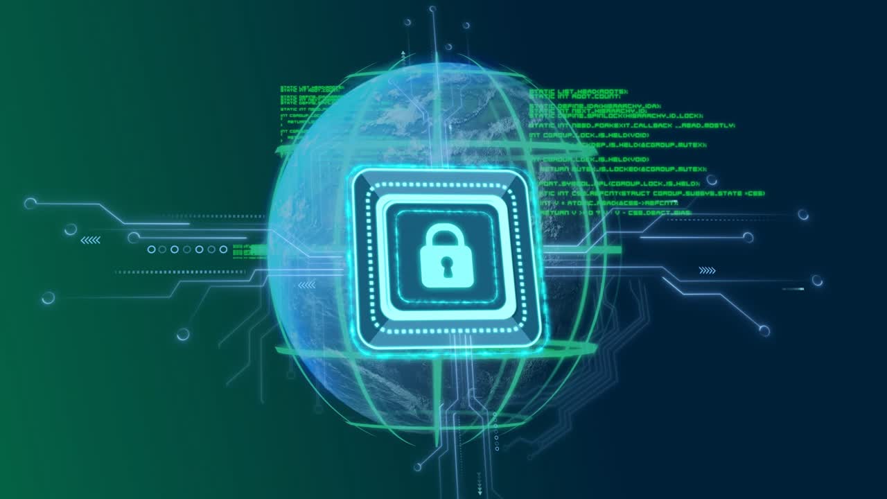 digital globe appearing and rotating while microchip padlock pulsing sending data showing security