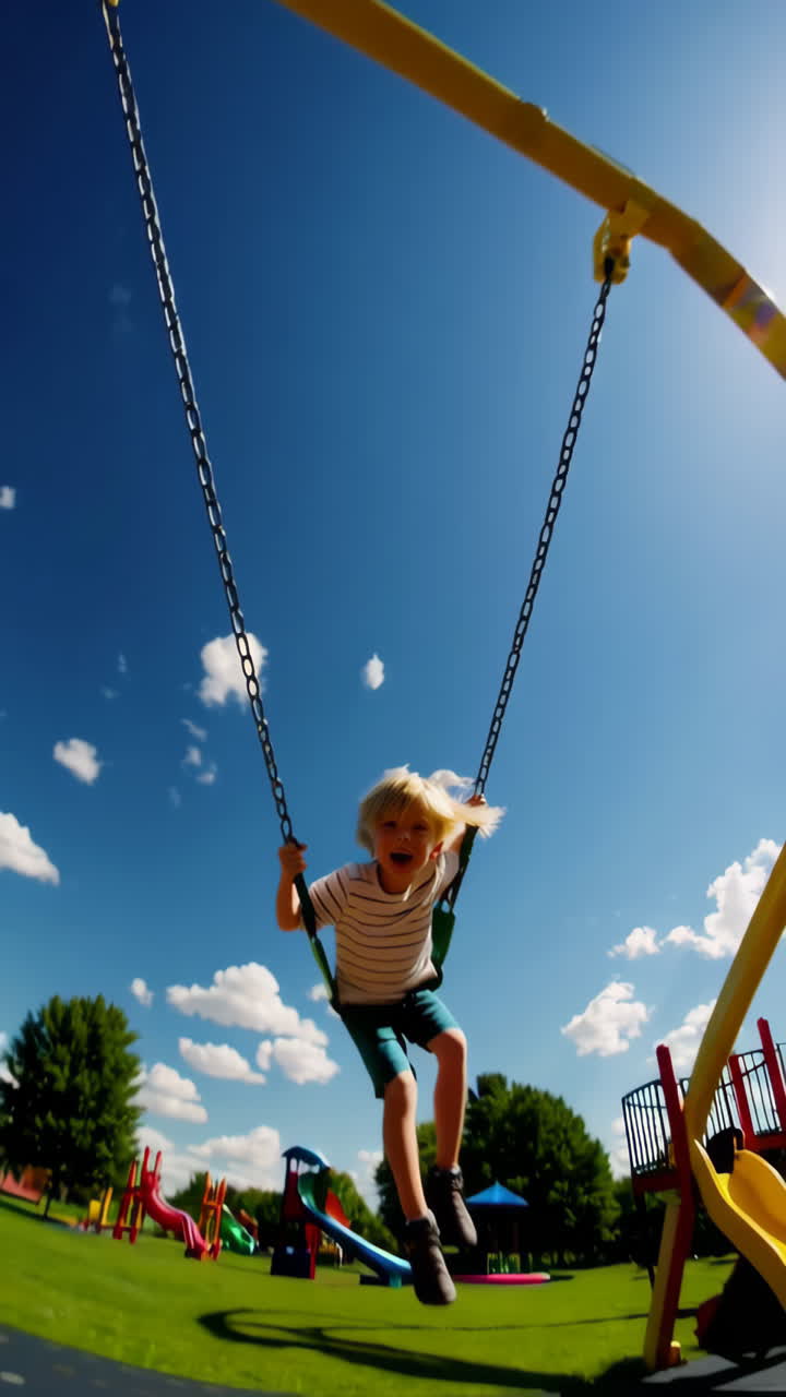 Happy Child on a Swing in a Playground