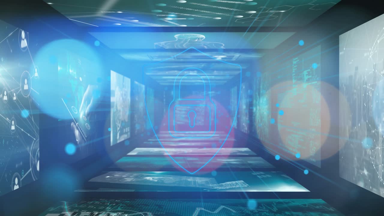 Flares drifting in cyber tunnel causing orbs morphing fingerprint turning to lock shielding data