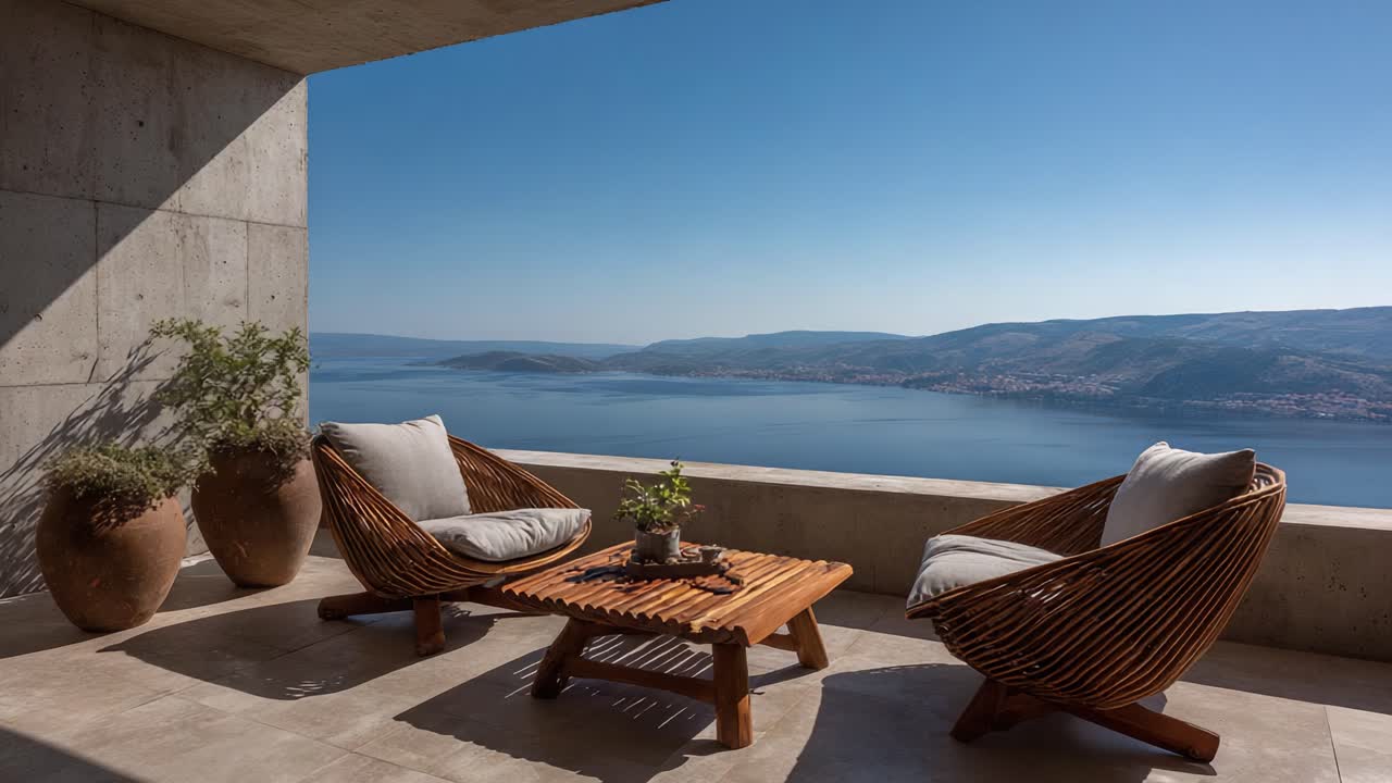 Stunning Modern Balcony Overlooking Serene Water Views with Cozy Seating Area, Perfect for Relaxation and Enjoying Nature's Beauty in Peaceful Surroundings
