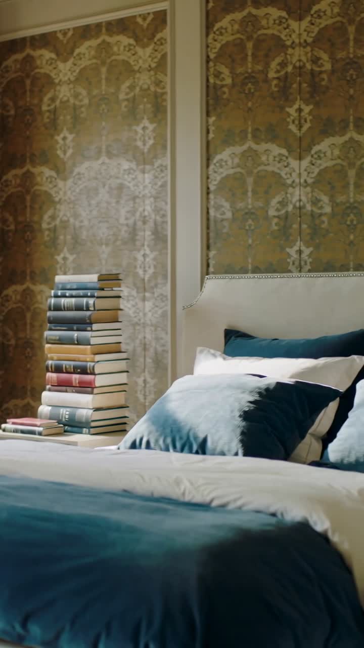 Video verticale: Telecamera che si sposta a destra nell'angolo di una camera da letto a casa, mostrando un letto color ottanio e una pila di libri.
