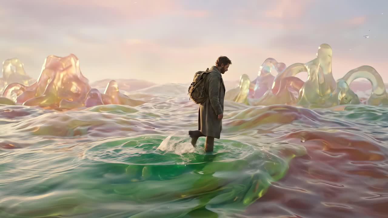 Uomo con zaino cammina attraverso un paesaggio liquido surreale e colorato