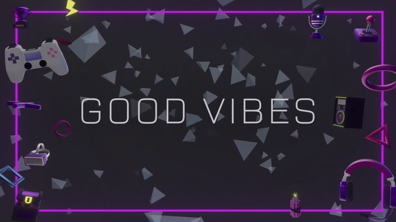 Animation of good vibes text and game controllers over falling grey triangles on dark background