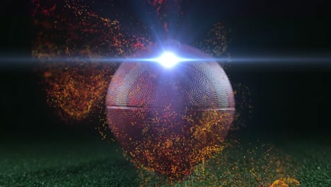 animation of moving lens flare and abstract pattern over rugby ball on green ground