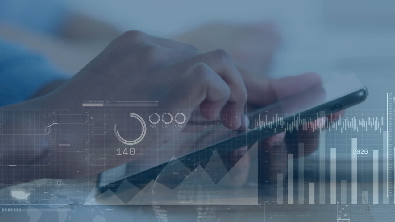 Animation of loading circles, changing numbers, cropped hands of caucasian man using cellphone