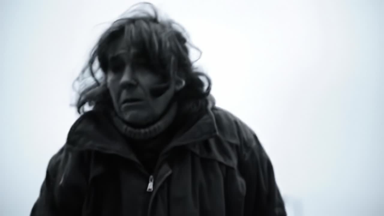 An elderly woman moves slowly in a dimly lit area, her expression reflecting contemplation and weariness. The environment adds an air of introspection to this poignant moment.