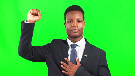 Black-man,-fist-and-protest-portrait-on-green