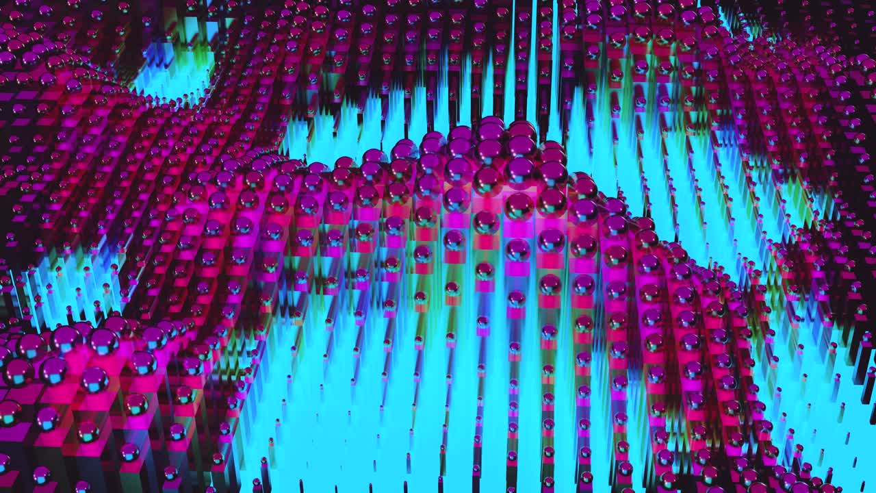 patrón geométrico abstracto de 3d render cubos y esferas, bucle, diseño de movimiento, ondas de cubos moviéndose arriba y abajo en el plano, luces de neón, ciencia ficción, bucle animación 3d sin costuras