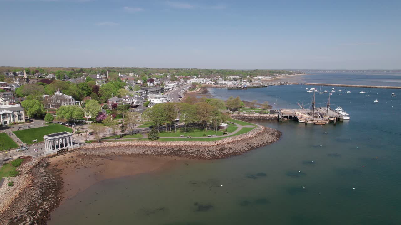 Plymouth, Massachusetts waterfront with Plymouth Rock and Mayflower II, 4K drone shot