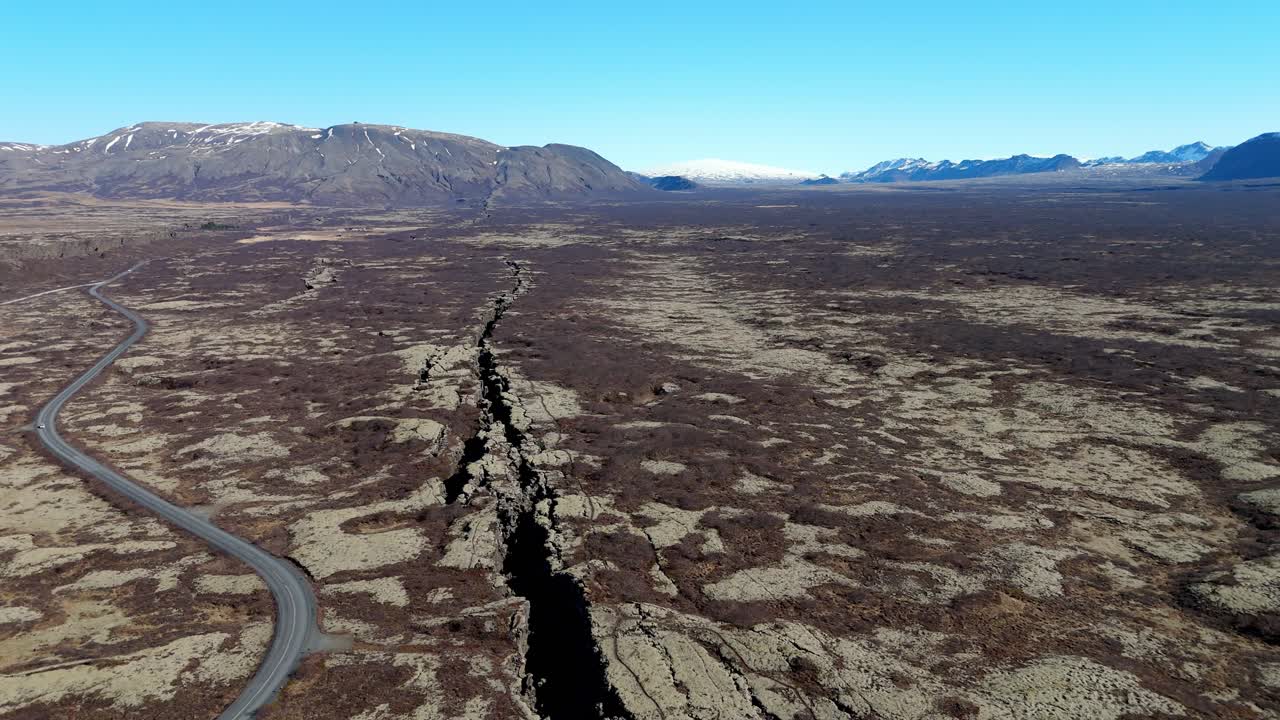 Silfra Fault Aerial wide angle view of the amazing break between tectonic plates in the Thingvellir National Park, Iceland