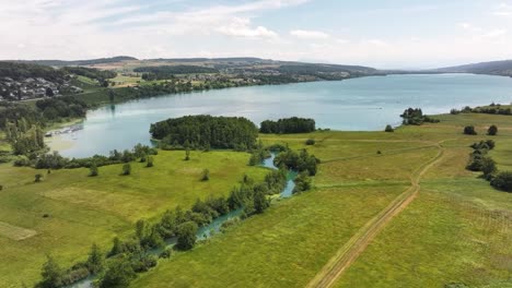 hallwilersee lake at aargau, switzerland aerial drone view, green fields, trees and summer sky