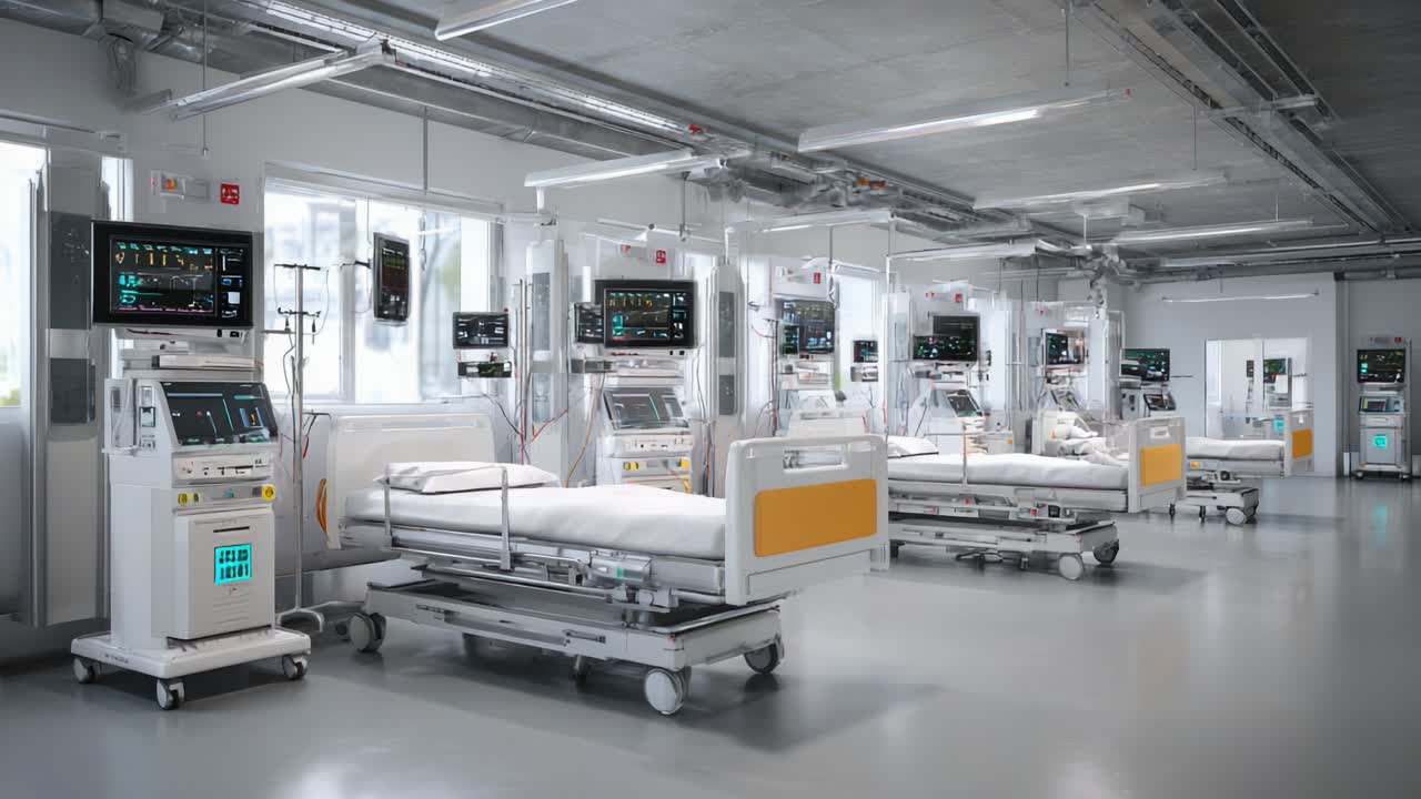 Modern Hospital Ward with Advanced Medical Equipment and Patient Beds Ready for Care in a Bright, Sterile Environment Ideal for Healing and Recovery