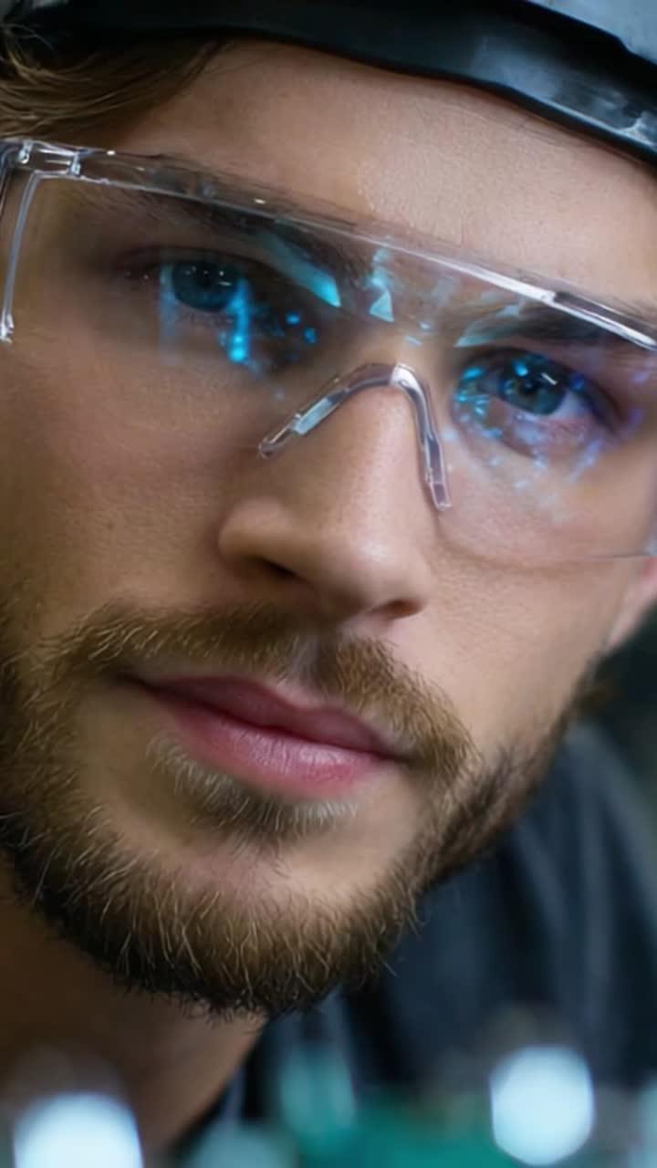 Close-Up Portrait of a Young Man in Protective Gear with a Focused Expression, Emphasizing His Eyes and Detailed Features in a Technical Environment