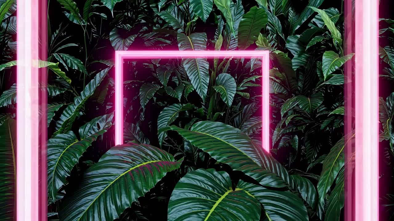 Aerial view of lush green leaves framed by neon pink lights, creating a futuristic jungle vibe