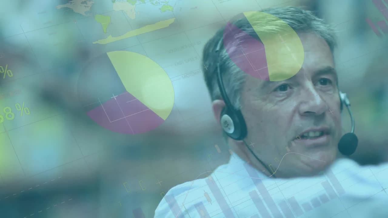 animación de un hombre caucásico con auriculares sobre la grabación de datos