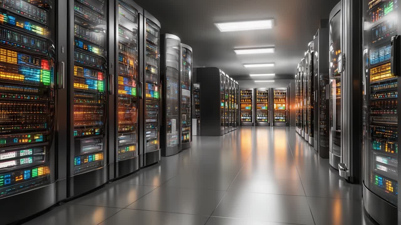 Et moderne datacentermiljø, der viser rækker af højteknologiske servere med oplyste indikatorer og organiseret netværksinfrastruktur for optimal ydeevne.