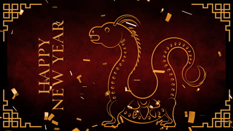 animation of happy new year text, dragon and chinese pattern