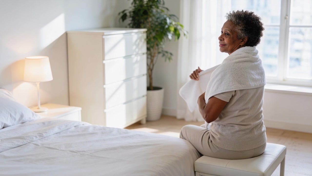 Wrapping towel after shower senior woman draping shoulders on bedroom bench, loungewear, copy space