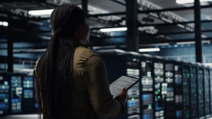 Engineer in data center using tablet to deploy secure server architecture
