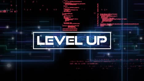 Animation-Von-Level-Up-Text-über-Programmiersprache-Und-Beleuchteten-Labyrinthstrukturen