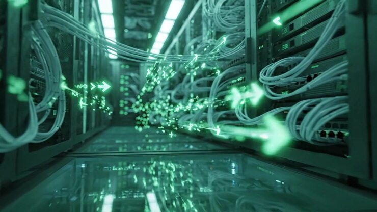 Advanced data center illuminated in green light, showcasing interconnected servers, cables, and fiber-optic technology for high-speed data transfer and processing.