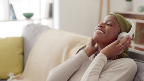 happy, relax and music for woman with headphones