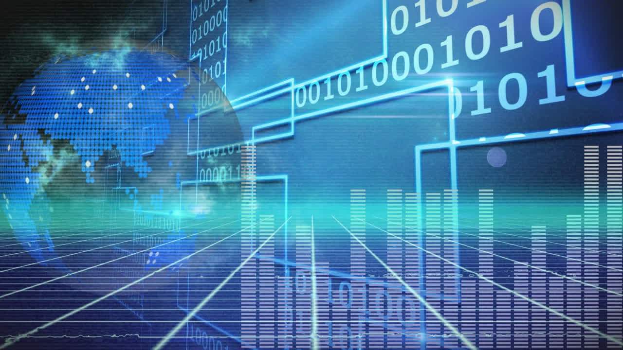 글로벌 아이콘, 음악 이라이저 및 파란색 배경에 그리드 네트워크를 통해 이진 코딩의 애니메이션