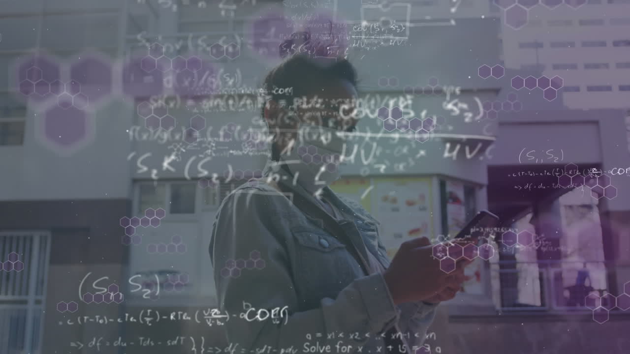 Animation of a woman with a mask in the street over formulas