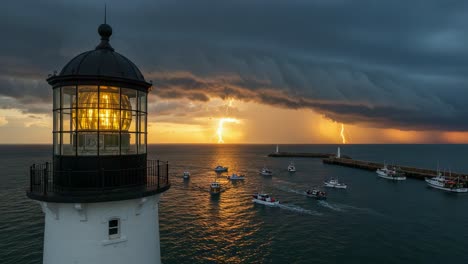 majestic lighthouse illuminates stormy sea as lightning strikes in the distance, with boats navigating through calm waters under dramatic clouds