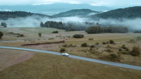 Toma-Aérea-De-Un-Automóvil-Conduciendo-Por-Una-Carretera-Vacía-En-Un-Bosque-Brumoso