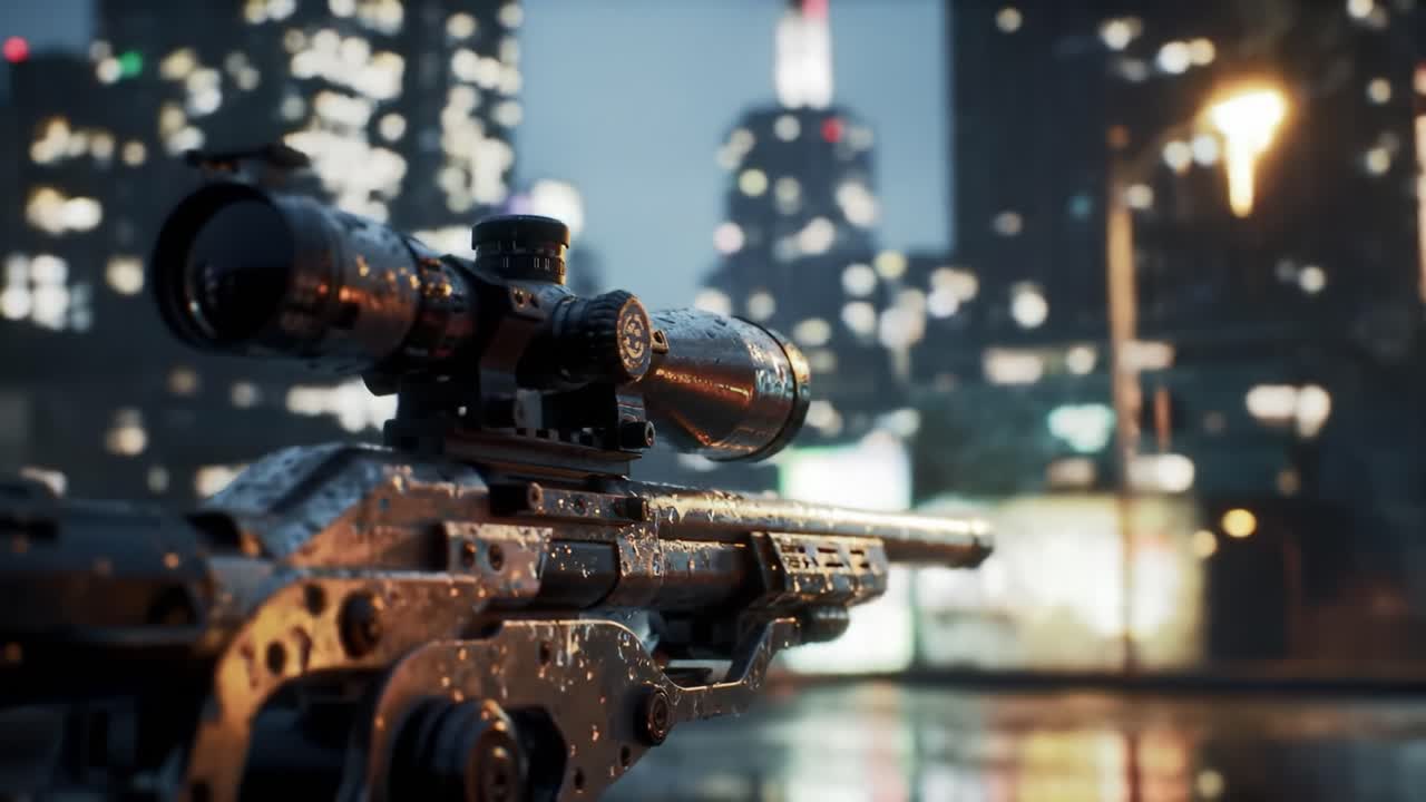 A sniper rifle is prominently displayed with a focus on its scope, glistening with raindrops as city lights illuminate the rainy urban landscape during the night.