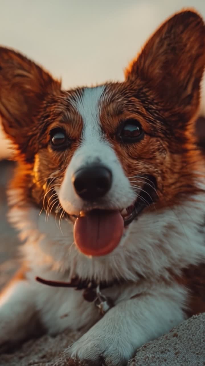 Un corgi alegre relajándose en la playa al atardecer, mostrando su naturaleza juguetona y expresiones adorables en dos encuadres cautivadores