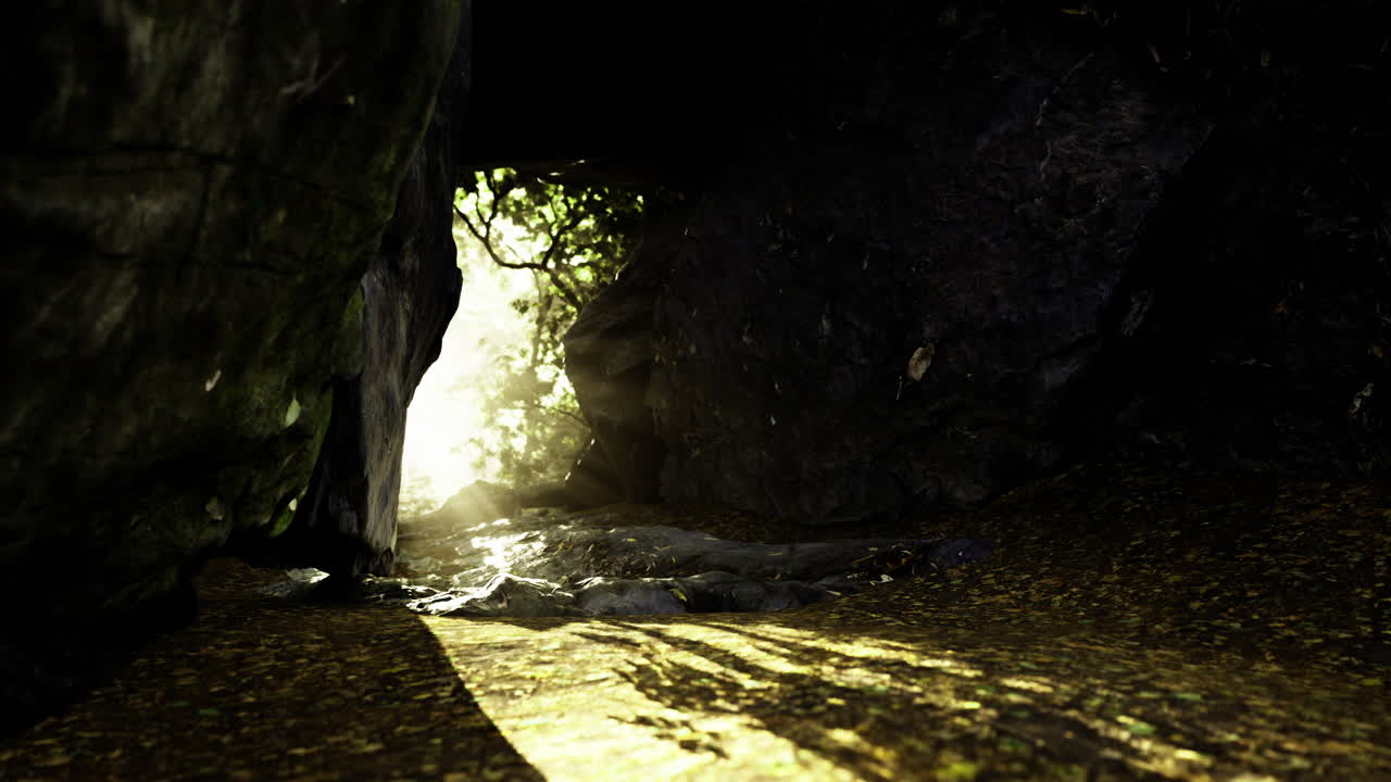 Light streaming through rocks at a serene cave in a forest landscape