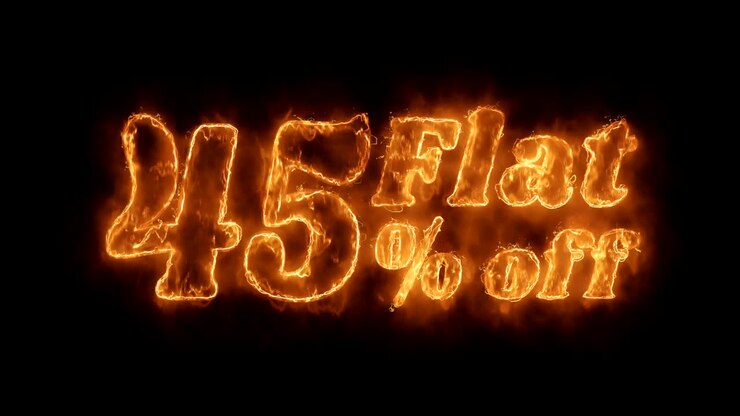 Parola "Sconto fisso del 45%" infuocata animata con fiamma di fuoco realistica in loop