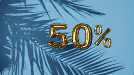 50% de descuento en fondo azul con palma brisa suave, concepto de venta de verano de vacaciones